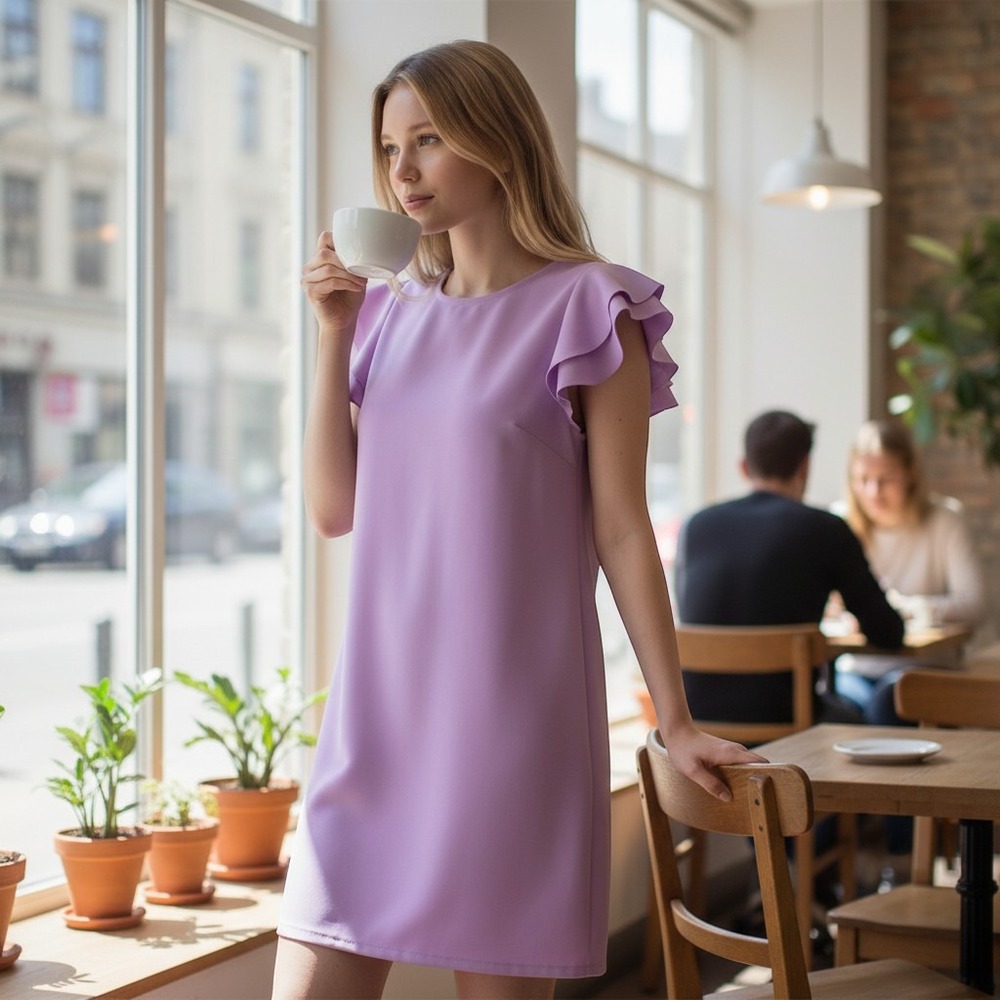 Lavender Shift Dress Women's Medium, Ruffle Sleeve, Feminine, Barbiecore, Bright